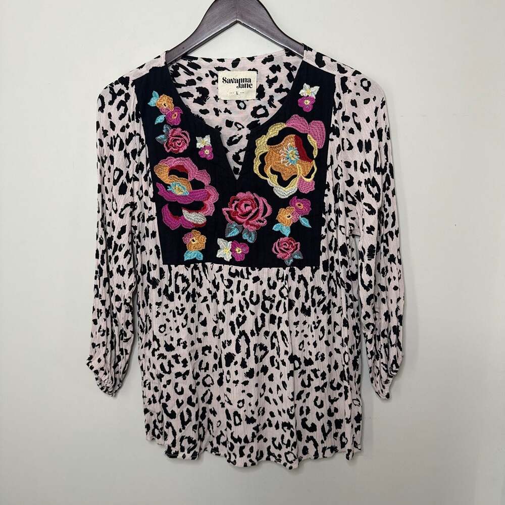 Savanna Jane Women's Size L Leopard Print Floral Embroidered V-Neck Top